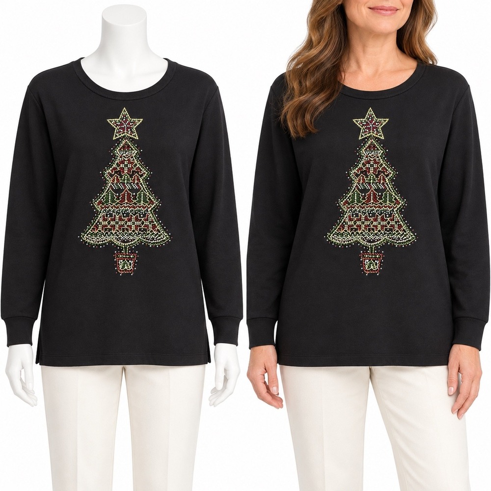 Quacker Factory Sweatshirt Womens M Black Christmas Tree Rhinestone Embellished